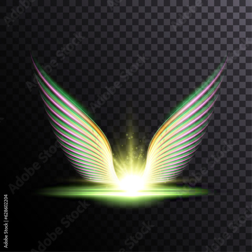 glowing, stylized angel wings on a transparent background. phoenix wings light effect vector