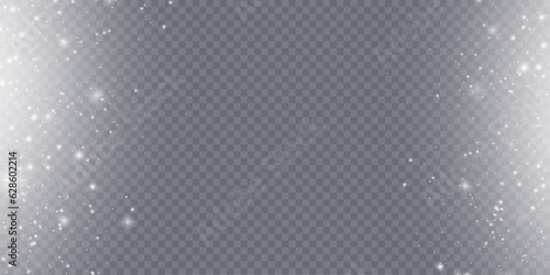 White dust light bokeh. Christmas glowing bokeh and glitter overlay texture for your design on a transparent background. White particles abstract vector background.