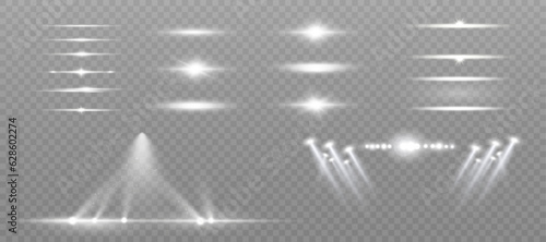 Set of white light spotlights, flashes of light on a transparent background. Vector glowing light effect.	