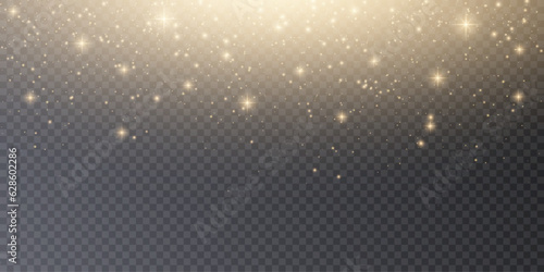 Gold dust light bokeh. Christmas glowing bokeh and glitter overlay texture for your design on a transparent background. Golden particles abstract vector background.