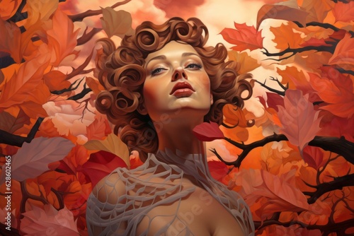 a painting of a beautiful woman surrounded by autumn leaves