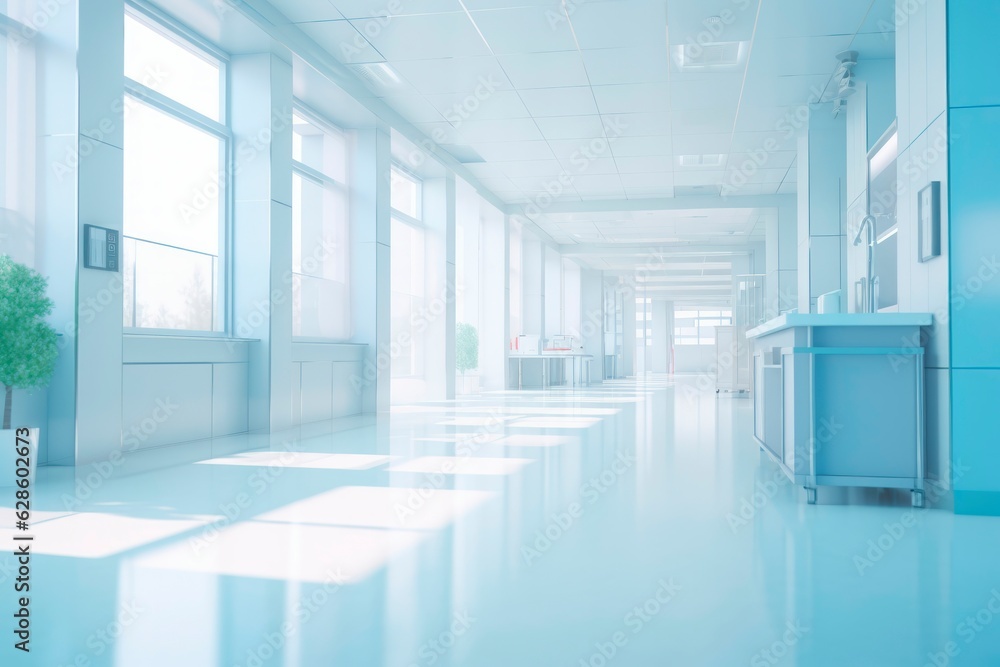 Blurred interior of hospital. Abstract medical background.