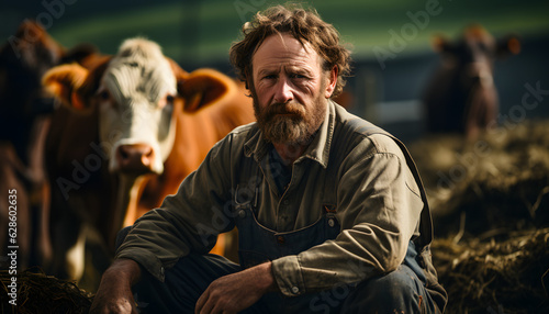 A farmer sitting down with cows in the background  © AliceandAlan