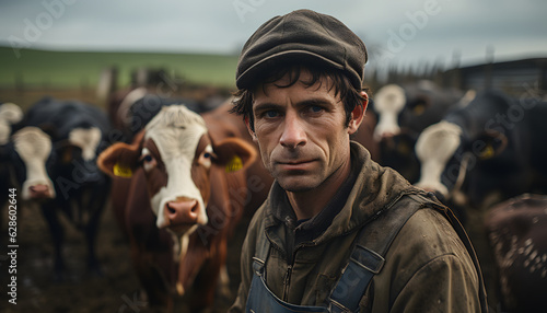 Farmer looking into the camera close up with cows in the distance 