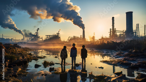 Three boys watch the sunrise in front of a coal-fired power plant. Clouds of smoke, creek, reflection, gloomy future, generative ai