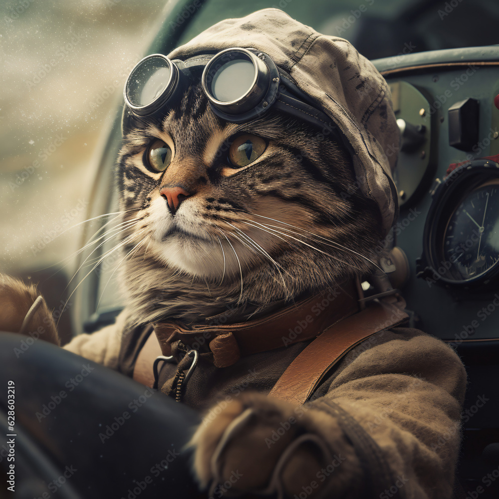 Vintage Aviator: Cat Pilot in Cockpit. Generative AI.