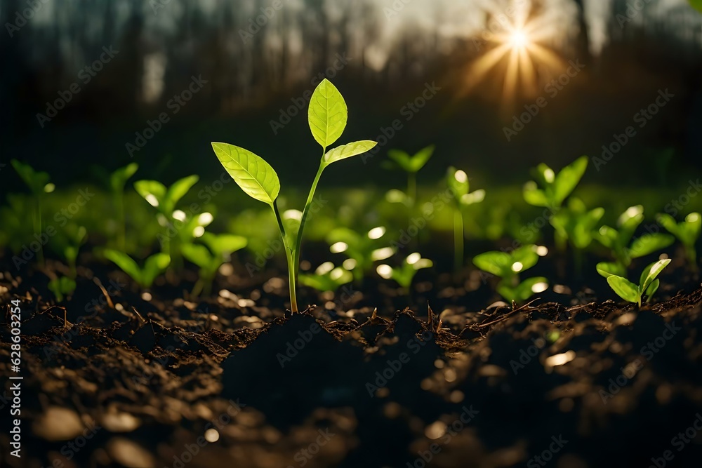 Little Green sprouts appear from the ground. Awakening of nature in spring. Sunset at the backdrop. Close-up, Generative Ai Art Little Green sprouts appear from the ground. Awakening of nature in spring. Sunset at the backdrop. Close-up, Generative Ai Art
