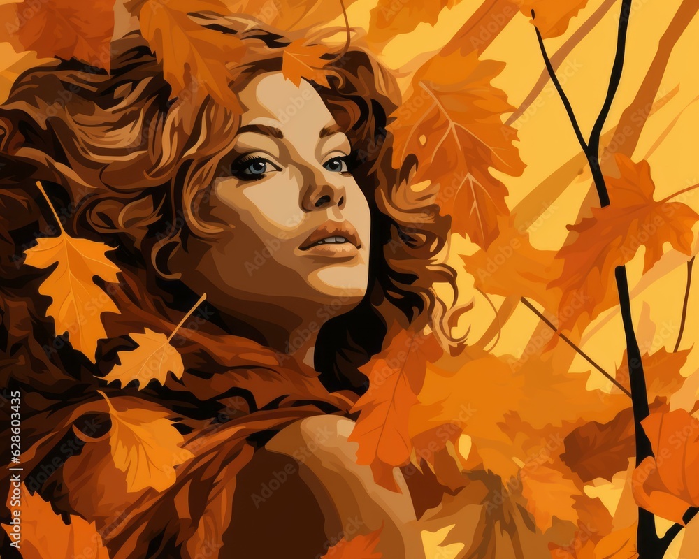 a painting of a woman with autumn leaves a painting of a woman with autumn leaves
