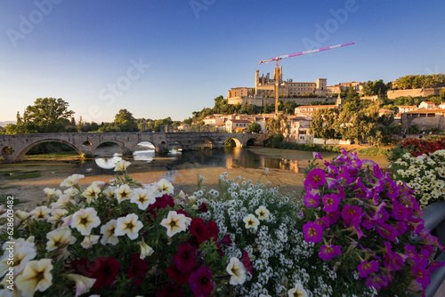 Sunset in Beziers town in the Canal du Midi (France)