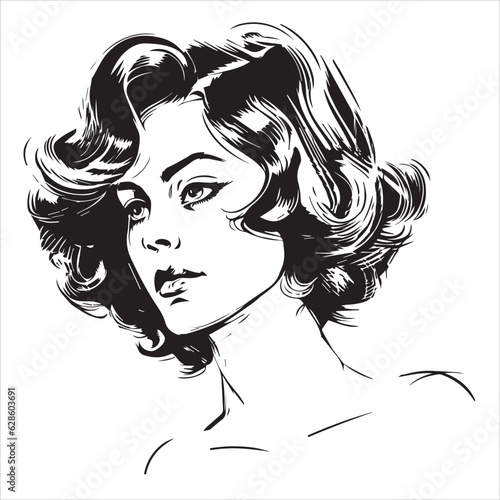 Vector portrait of a fashionable young beautiful girl with tousled hair. Black and white female portrait