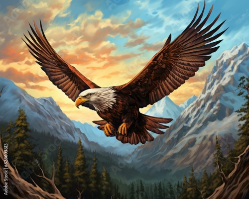 a painting of an eagle flying over the mountains