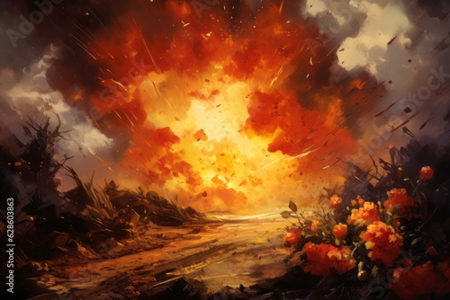a painting of an explosion with flowers in the background