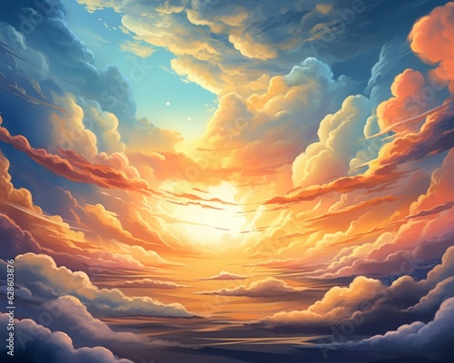 a painting of clouds and sun in the sky
