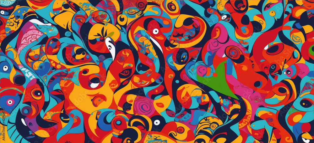 Naklejka premium Vibrant vector art with a colorful abstract seam pattern featuring fish. Multicultural, social, and united themes blend in detailed fish art.