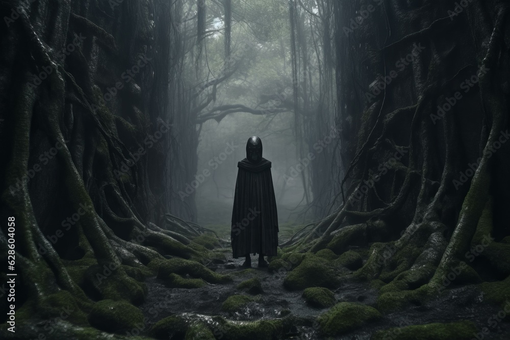 a person in a black cloak standing in the middle of a dark forest a person in a black cloak standing in the middle of a dark forest