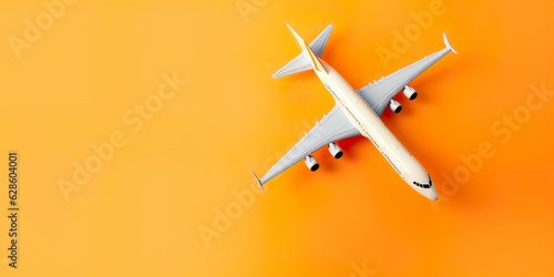 Top view of orange background and airplane. Concept of travel, vacation, Generative AI