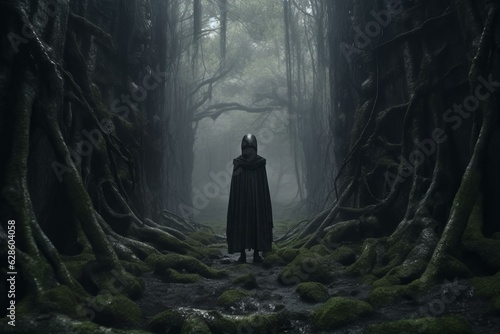 a person in a black cloak standing in the middle of a dark forest