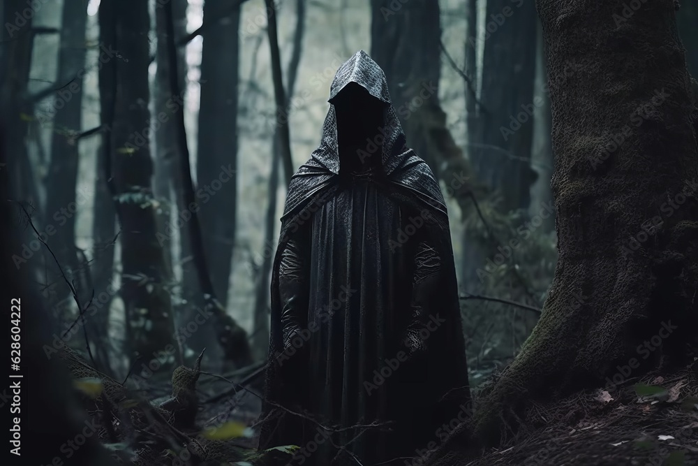 a person in a hooded cloak standing in the middle of a dark forest a person in a hooded cloak standing in the middle of a dark forest