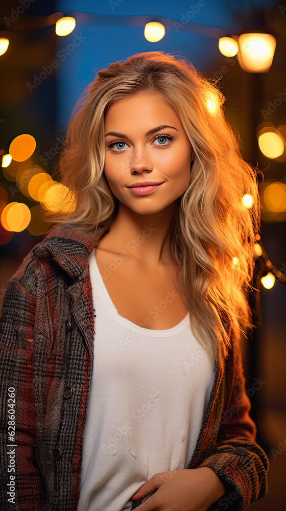 Beautiful blonde woman portrait in autumn city. Beautiful blonde woman portrait in autumn city.