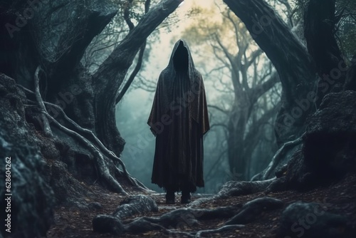 a person in a hooded robe standing in a dark forest