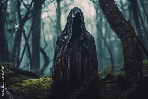 a person in a hooded robe standing in the middle of a dark forest