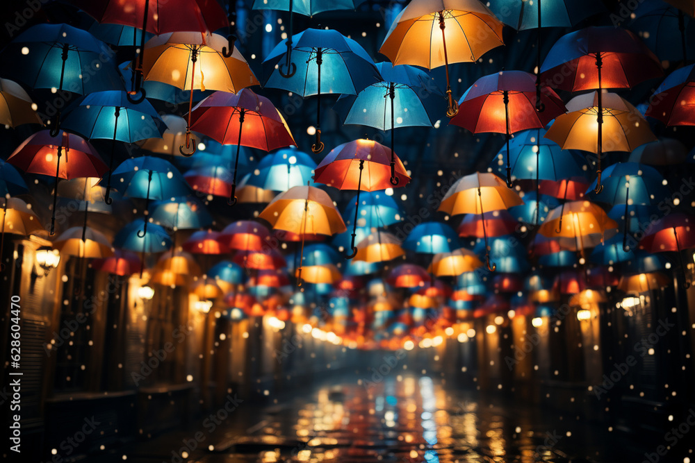 Captivating sculpture of vibrant umbrellas in midair, dreamy ambiance Generative AI