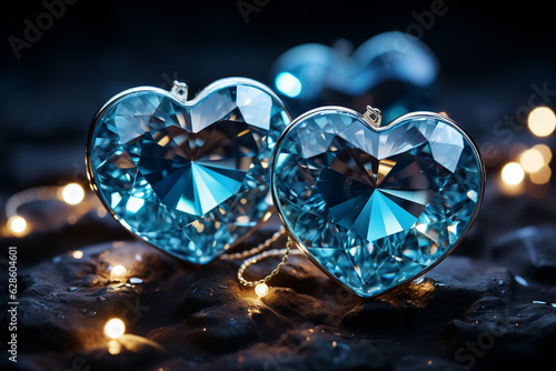 Dark blue and aquamarine hearts sparkle and light up  creating a dreamy ambiance Generative AI