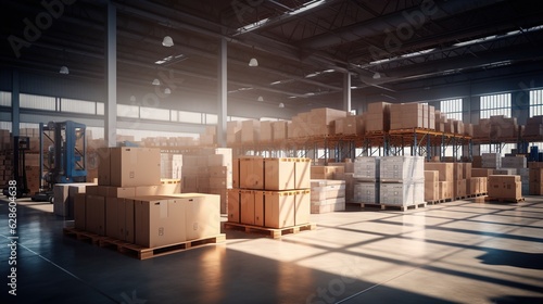 Warehouse. Transportation of industrial cargo trucks. Transport. Logistics. Large modern warehouse with forklifts inside a modern warehouse in time with employees.