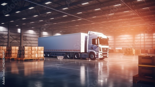 Warehouse. Transportation of industrial cargo trucks. Transport. Logistics. Large modern warehouse with forklifts inside a modern warehouse in time with employees.