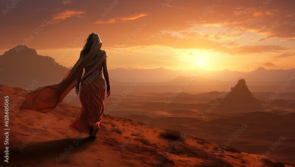 Female  woman walking in the desert at sunset