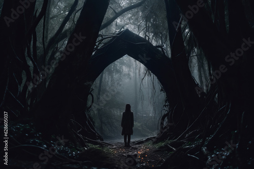 a person standing in front of an archway in a dark forest photo