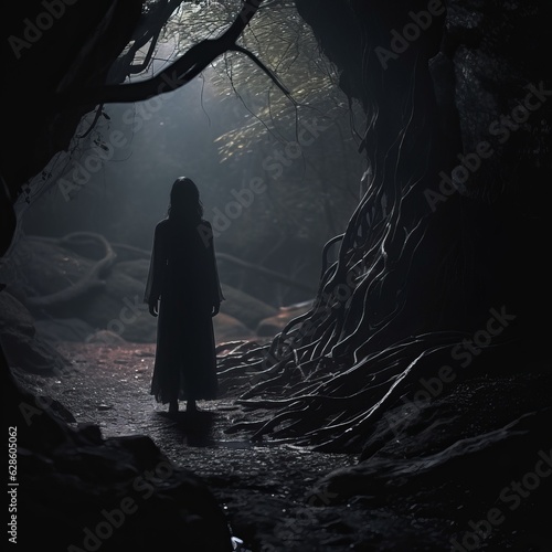 a person standing in the dark in a forest