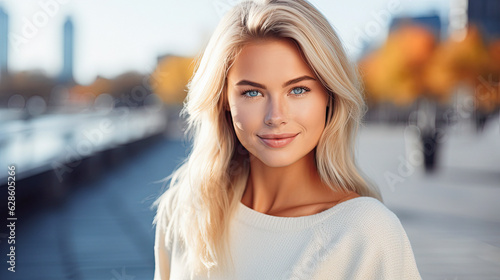 Beautiful blonde woman portrait in autumn city.