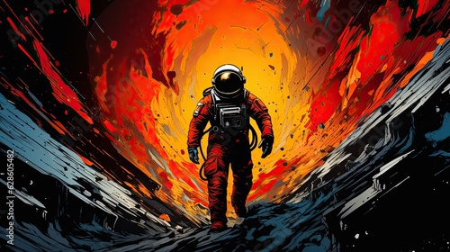 Colorful painting of an astronaut in space. 