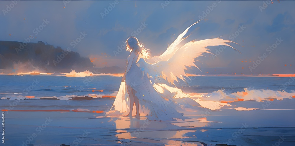 Fototapeta premium Anime beautiful angel on the morning beach. Vector illustration in anime style.