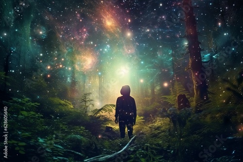 a person standing in the middle of a forest with stars in the sky