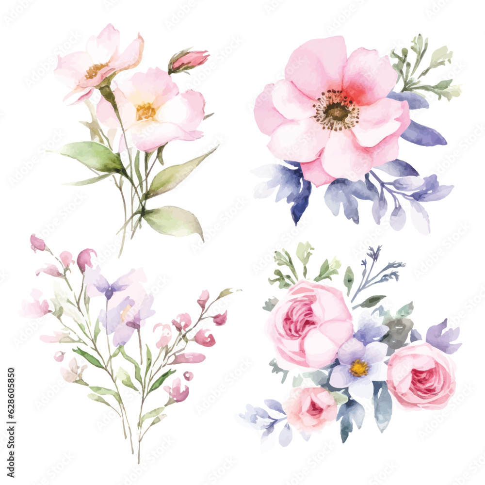 Whimsical Floral Watercolors: Fairy Arrangements on White Background