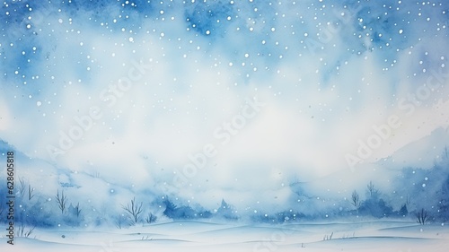Watercolor drawing of winter sky landscape with falling snow, flecks and dots. Hand-drawn water color graphic painting on paper.