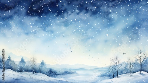 Watercolor drawing of winter sky landscape with falling snow, flecks and dots. Hand-drawn water color graphic painting on paper. © Kanisorn