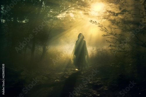 a person walking through a forest at night with the sun shining through the trees
