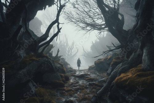 a person walking through a dark forest with trees and rocks
