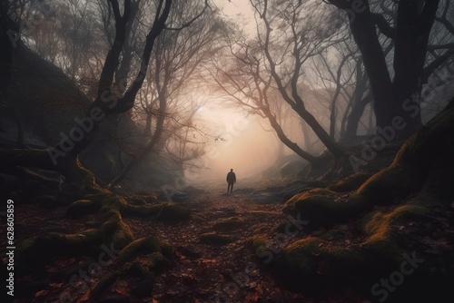 a person walking through the woods at dusk