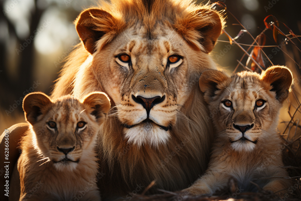 Kenya's lion family, pure white backdrop Generative AI