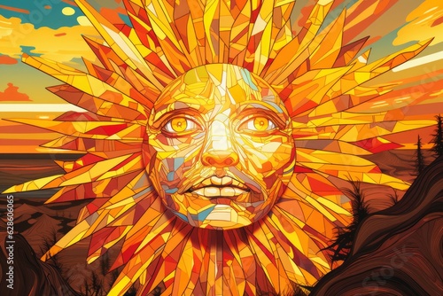 a poster of a sun with a face on it
