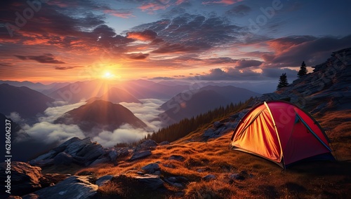 tent in the mountains at sunset