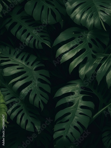 Closeup nature view of palms and monstera