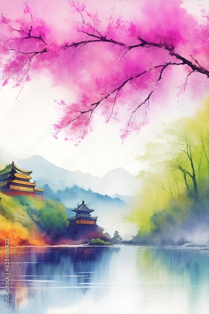 Fototapeta premium Colorful Chinese Oil Painting Landscape