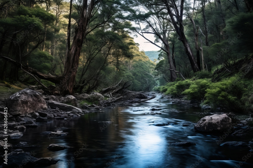 a river running through a forest with trees and rocks a river running through a forest with trees and rocks