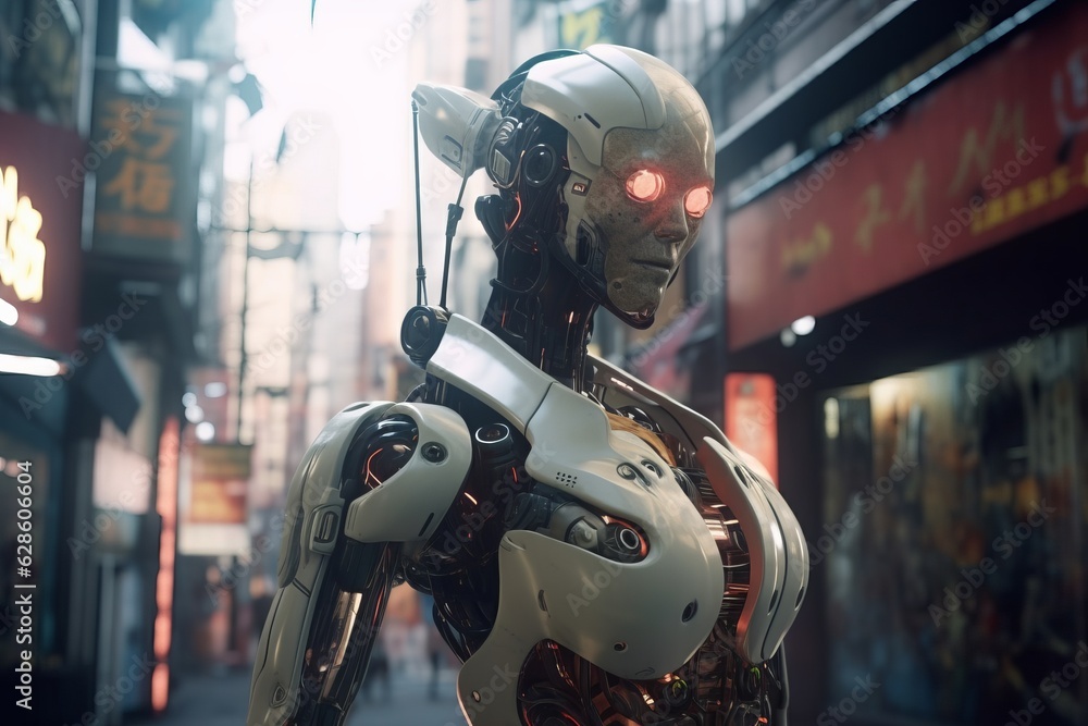 a robot standing in the middle of a city street a robot standing in the middle of a city street