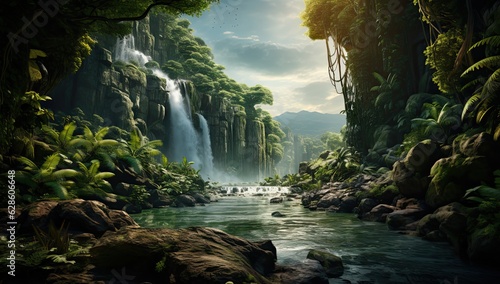 Waterfall surrounded by lush tropical plants in jungle